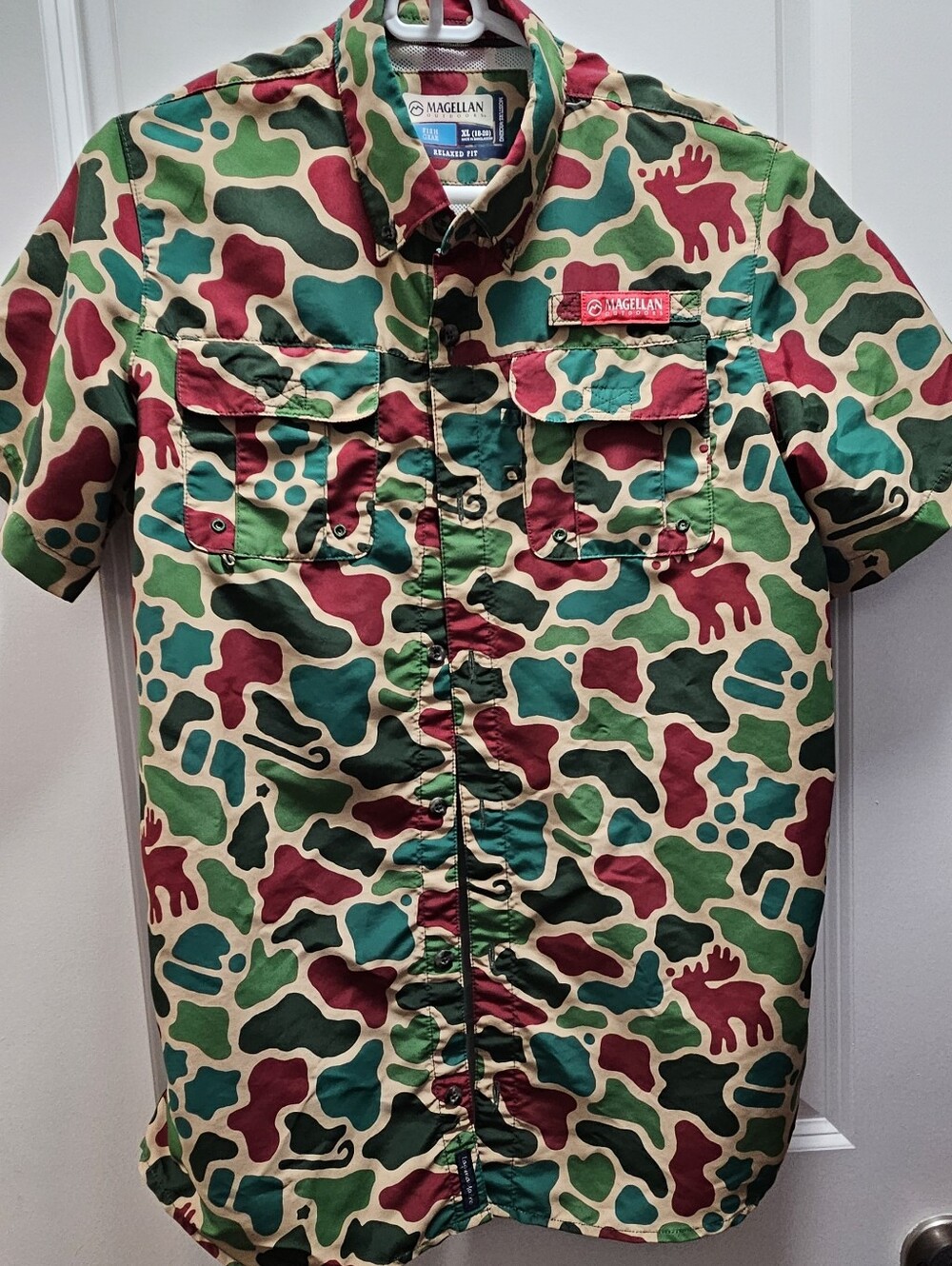Magellan Outdoors Camo Short Sleeve Shirt in Green, Burgundy, Tan